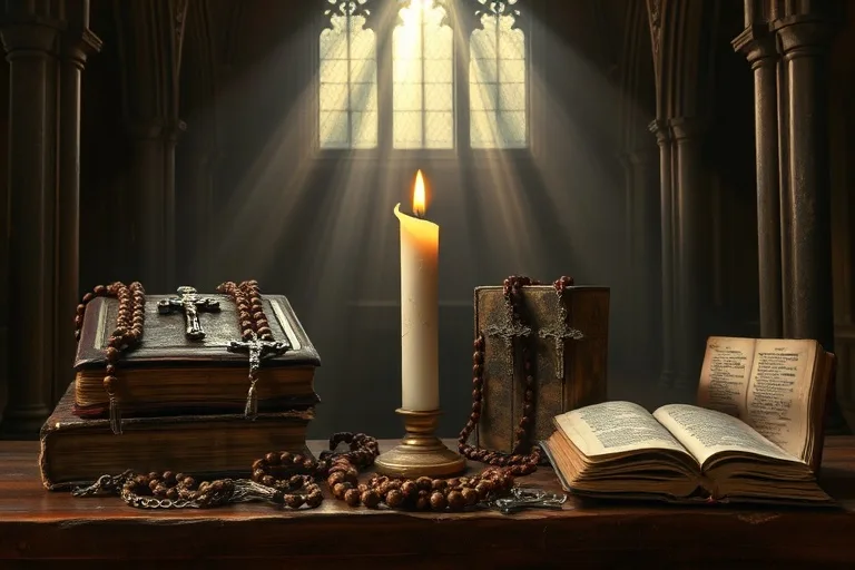 Pintura al óleo de rosarios antiguos y libros de oración sobre un altar de madera, con una vela parpadeante y luz divina, simbolizando la fe inquebrantable.