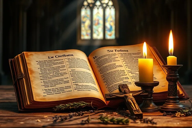 Una imagen detallada de un libro de oraciones antiguo abierto junto a una vela encendida y un crucifijo de madera, con hierbas medicinales, evocando la fe y los remedios tradicionales.
