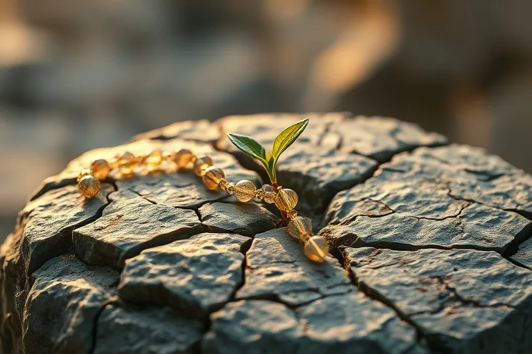 Un rosario de cristal delicadamente colocado sobre una piedra agrietada, de la que brota un retoño verde, simbolizando la esperanza y la renovación espiritual frente a la adversidad.