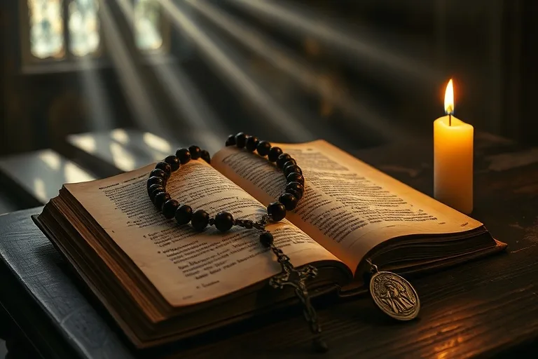 Fotografía cinematográfica de un antiguo libro de oraciones abierto sobre un altar de madera, con un rosario, una vela parpadeante y una medalla de plata tallada, creando una atmósfera sagrada.