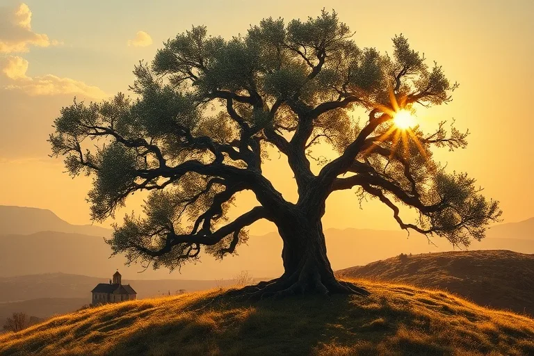Pintura al óleo de un antiguo olivo gnarled en una colina al amanecer, con la silueta de una iglesia distante, simbolizando la fe y la perseverancia.