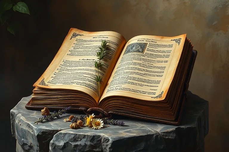 Pintura al óleo de un libro médico antiguo con hierbas secas, simbolizando el conocimiento ancestral y la sanación natural.