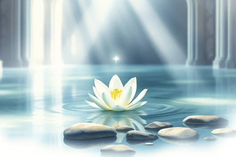 Pintura de acuarela de un lirio blanco flotando en agua con piedras, simbolizando pureza, esperanza y la serenidad de la sanación.