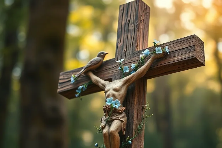Un crucifijo de madera rústica adornado con delicadas flores silvestres, con un pequeño pájaro de madera tallado posado en su brazo, bañado por una luz etérea que se filtra a través de un dosel forestal.
