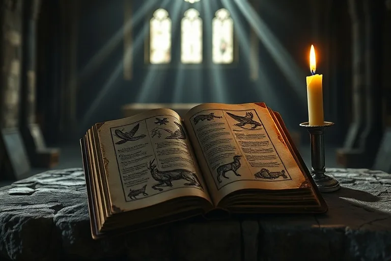 Un libro antiguo de cuero, abierto en una página de manuscrito iluminado con ilustraciones de animales, reposa sobre un altar de piedra en una capilla ancestral. Una vela parpadeante proyecta sombras, destacando el pergamino envejecido y la devoción silenciosa.
