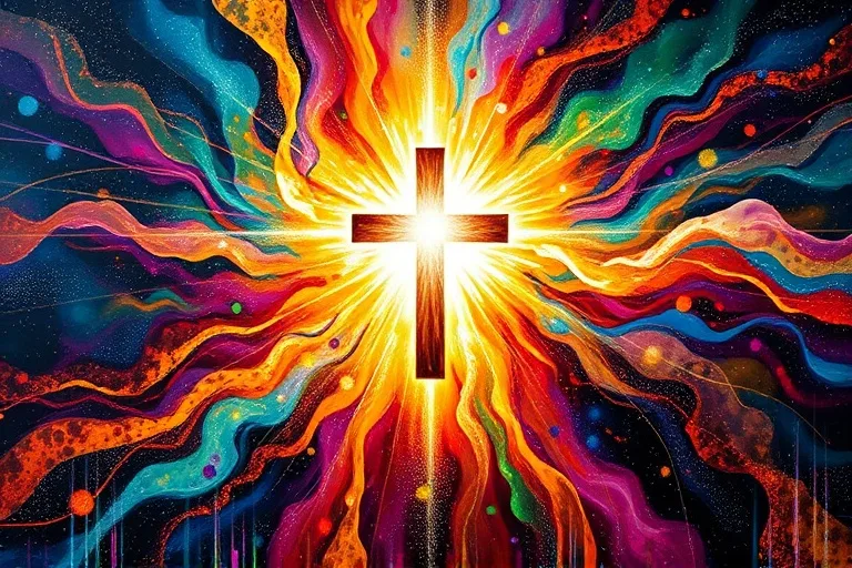 Pintura abstracta de un vórtice de colores vibrantes emanando de una cruz luminosa.