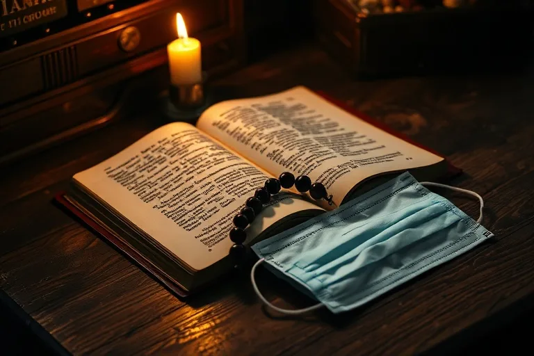Escritorio antiguo con libro de oraciones, rosario y mascarilla médica, iluminado por una vela.