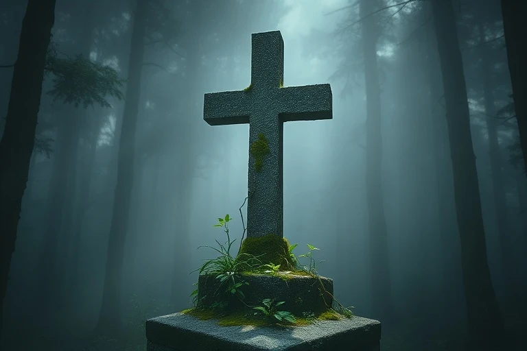 Cruz de piedra solitaria en un bosque brumoso, con brotes verdes, simbolizando renovación y esperanza.