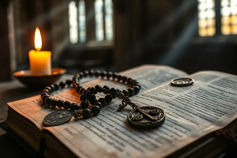 Fotografía macro de un rosario antiguo sobre un libro de oraciones, con una vela parpadeante y una medalla simbólica.