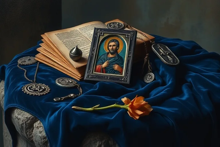 Pintura al óleo de amuletos y talismán antiguos sobre tela de terciopelo, con un icono de un santo y una flor seca, evocando protección y fe.