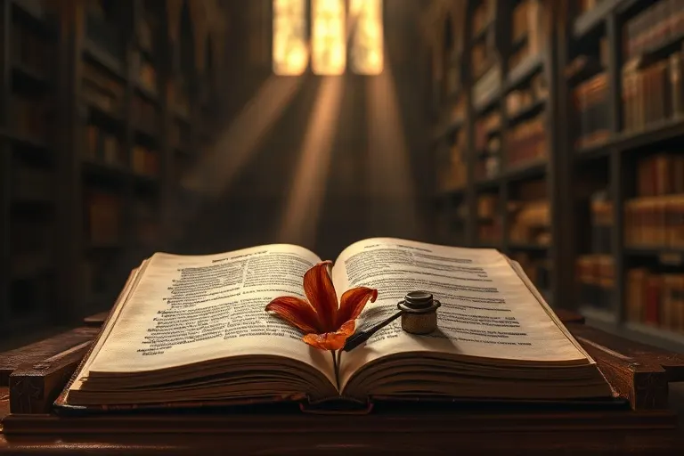 Una biblioteca monástica antigua con estanterías de madera llenas de libros y pergaminos, bañada por una luz tenue que realza la atmósfera de estudio.