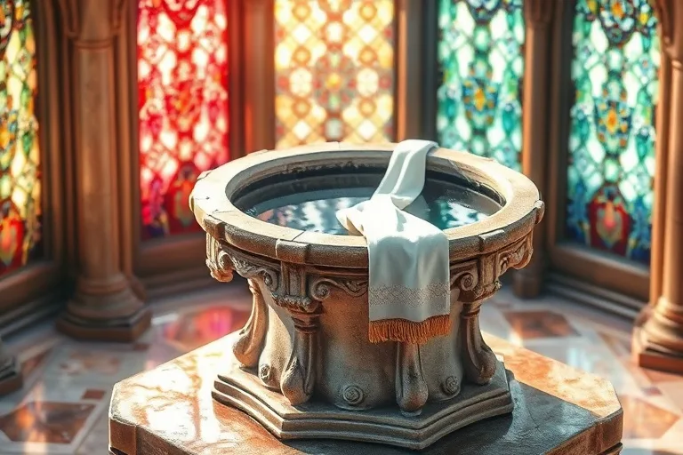Pintura acuarela de una pila bautismal con reflejos de vidrieras y una estola blanca.