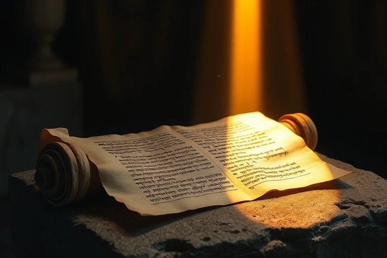 Fotografía de naturaleza muerta de un pergamino antiguo, parcialmente desenrollado sobre un altar de piedra, con escritura hebrea y griega, iluminado por un rayo de luz.