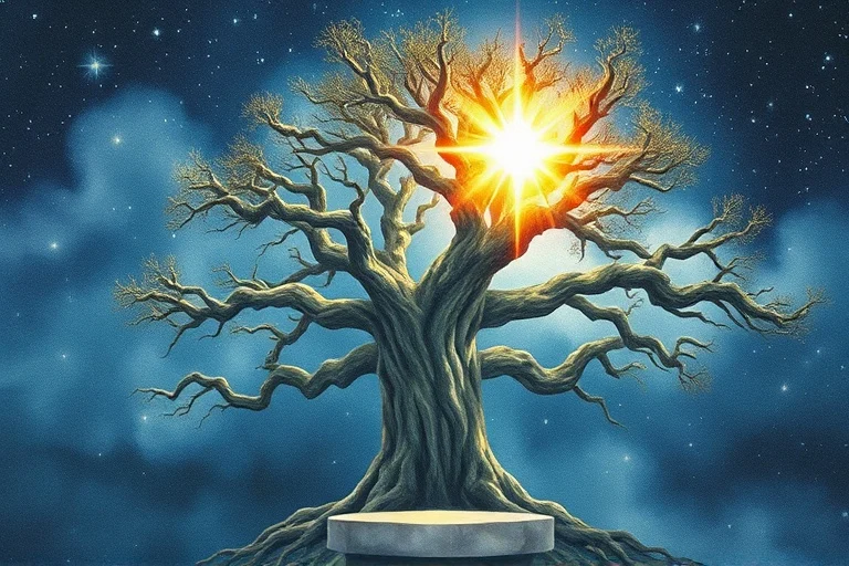 Pintura de acuarela de un árbol de roble solitario y robusto con raíces profundas, bajo un cielo estrellado con una estrella radiante, simbolizando el crecimiento espiritual y la guía divina.