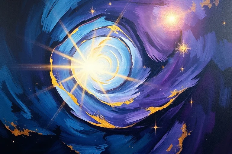 Pintura al óleo abstracta con un remolino de azules profundos, púrpuras y oros, con destellos de luz plateada, evocando paz interior y misterio divino.