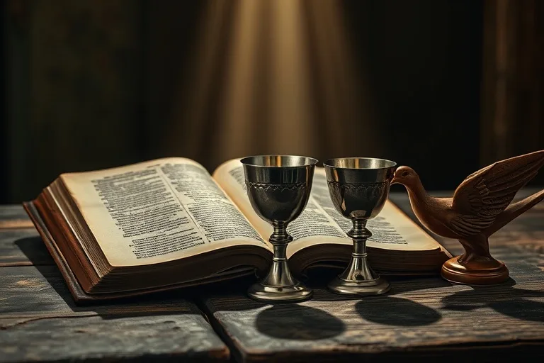 Fotografía de bodegón de una Biblia antigua abierta, un cáliz de plata y una estatuilla de paloma de madera sobre una mesa rústica, iluminados por un rayo de luz suave.