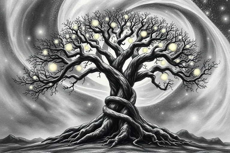 Arte conceptual de un árbol vibrante con tres troncos entrelazados, cada uno con frutos luminosos, raíces profundas y ramas que se extienden hacia un cielo abstracto y arremolinado, simbolizando crecimiento espiritual y conexión.