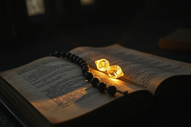Detalle de un libro de oraciones antiguo y un rosario con tres cuentas que emiten luz, sobre una superficie oscura, evocando la devoción personal y la conexión divina.