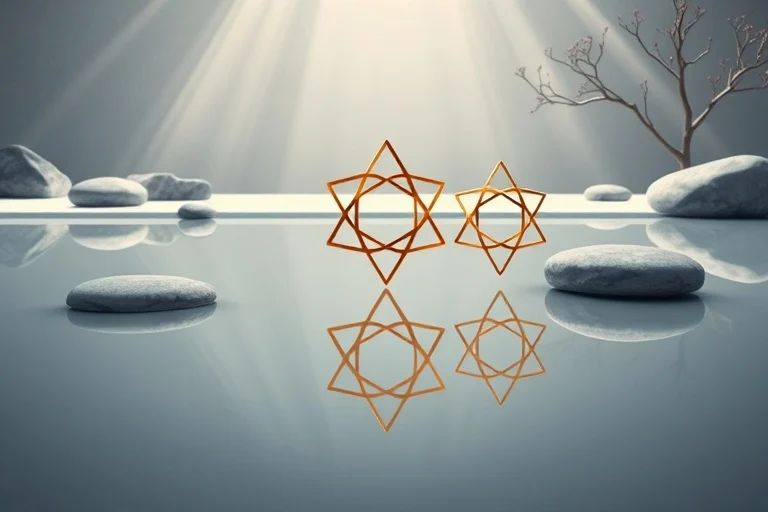 Ilustración 3D de formas geométricas interconectadas flotando sobre agua, en un jardín minimalista, simbolizando la armonía y el orden divino de la Trinidad.
