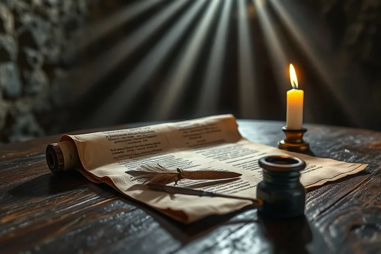 Fotografía de bodegón de un pergamino antiguo con texto en latín, una pluma de ave y un tintero sobre una mesa de madera, iluminado por una vela en una celda monástica.