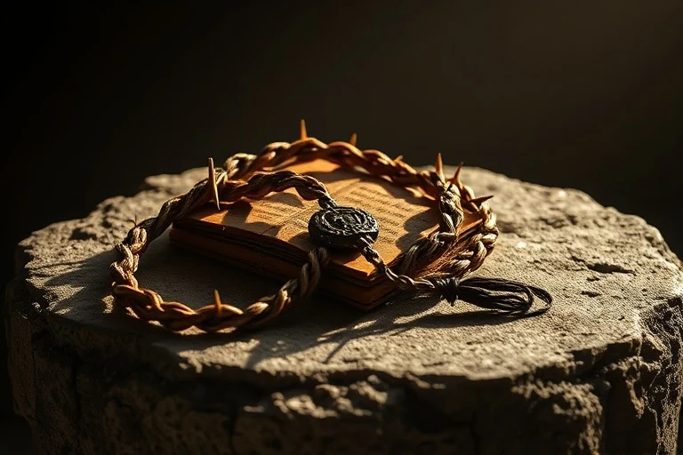 Un rosario antiguo de madera entrelazado con una enredadera espinosa sobre una superficie de piedra, iluminado por una luz dramática que crea sombras profundas, simbolizando la lucha y la resistencia espiritual.
