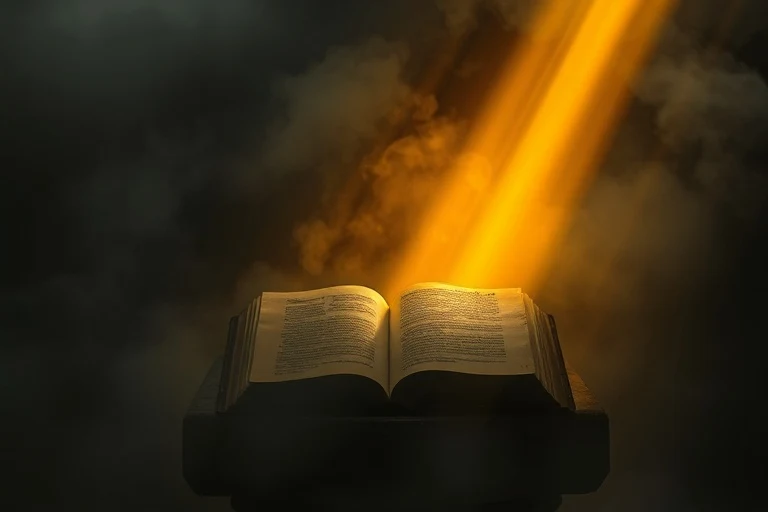 Una viga de luz dorada y etérea atraviesa una densa niebla oscura, iluminando un libro abierto con un símbolo de cruz sutil, evocando claridad divina y liberación espiritual.