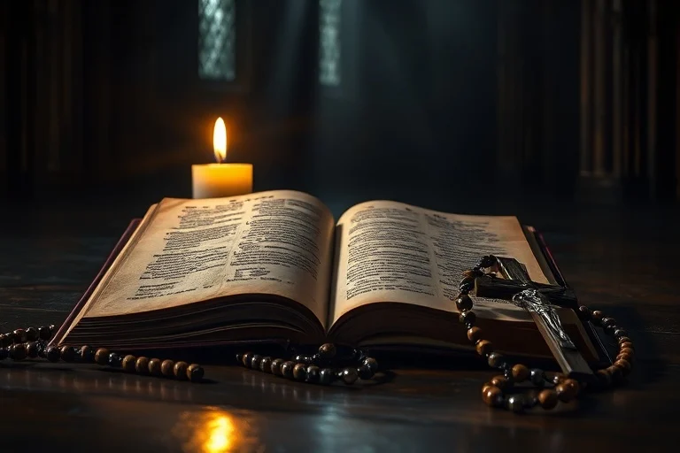 Una imagen detallada de un libro antiguo abierto, una vela encendida y un rosario, simbolizando la búsqueda de conocimiento y la guía espiritual.