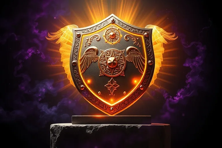 Una representación conceptual de un escudo brillante con símbolos angelicales, disipando energía oscura, simbolizando la protección espiritual.