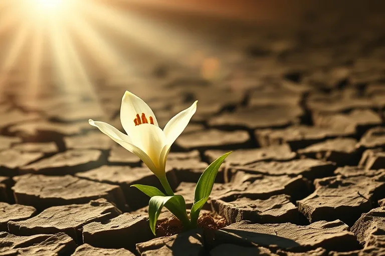 Lirio blanco brotando de tierra agrietada, iluminado por luz celestial