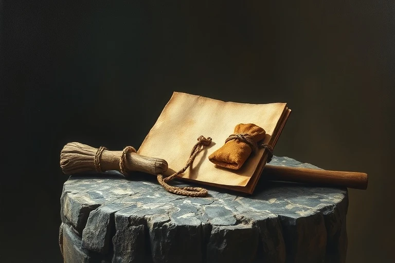 Pintura al óleo de un bastón de madera gastado y un pequeño morral de cuero sobre una superficie de piedra rústica, con luz tenue.