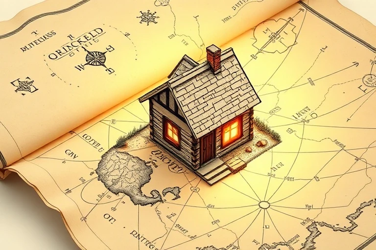 Renderizado isométrico de una pequeña casa antigua y desgastada con una luz cálida emanando de sus ventanas, rodeada por un aura protectora etérea sobre un mapa antiguo.
