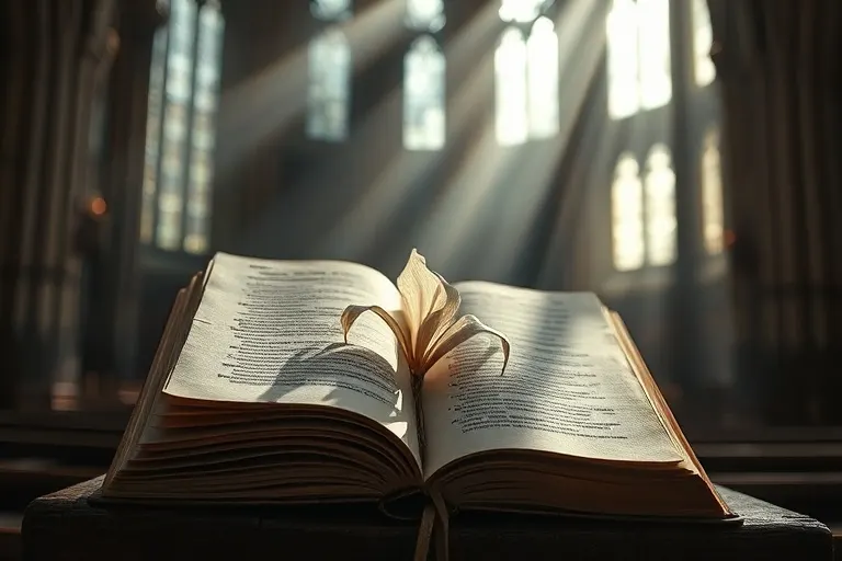 Primer plano de un antiguo libro de oraciones abierto con un lirio seco entre sus páginas, sobre un atril de madera, iluminado por una luz suave y mística.