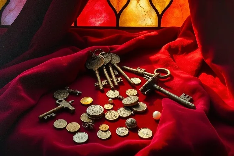 Pintura al óleo de un conjunto de llaves antiguas y pequeños objetos perdidos, como monedas o botones, esparcidos sobre un paño de terciopelo, con una luz cálida que sugiere descubrimiento.