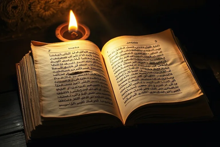 Primer plano de un antiguo libro de oraciones maronita, con páginas amarillentas y caligrafía descolorida, iluminado por la tenue luz de una lámpara de aceite. El ambiente sugiere la austeridad y la profunda espiritualidad de una celda de ermitaño.