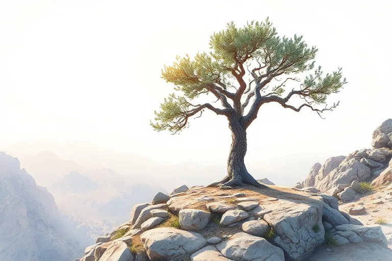 Pintura de acuarela de un olivo solitario y antiguo en una ladera rocosa de las montañas libanesas, bajo un cielo suavemente iluminado. La escena transmite una sensación de paz, resistencia y conexión con la naturaleza, reflejando la vida de un ermitaño.