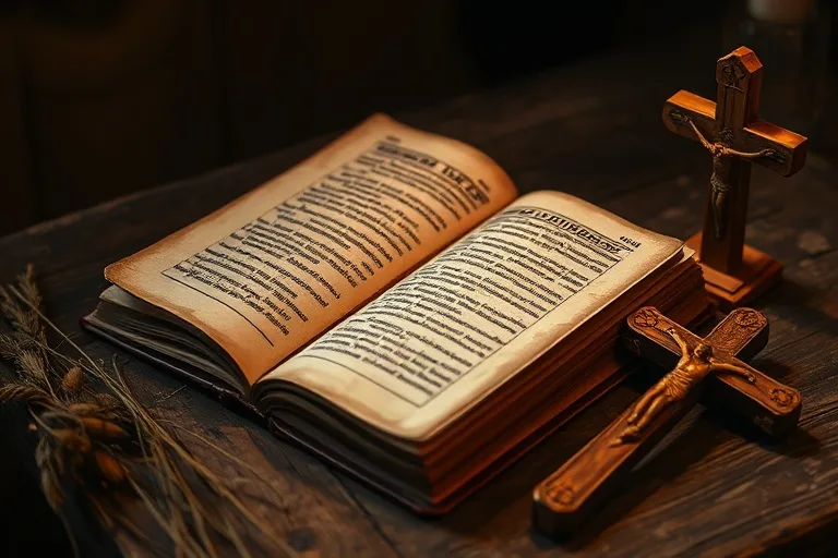 Primer plano de un antiguo libro de oraciones abierto sobre una mesa de madera rústica, con hierbas secas y un crucifijo simple. La luz tenue resalta las texturas.