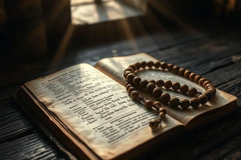 Detalle de un antiguo libro de oraciones maronita con un rosario de madera, sobre una mesa rústica. La luz suave ilumina las páginas desgastadas y las cuentas, creando una atmósfera de profunda meditación y espiritualidad monástica. Los objetos simbolizan la vida de oración y devoción del santo eremita.