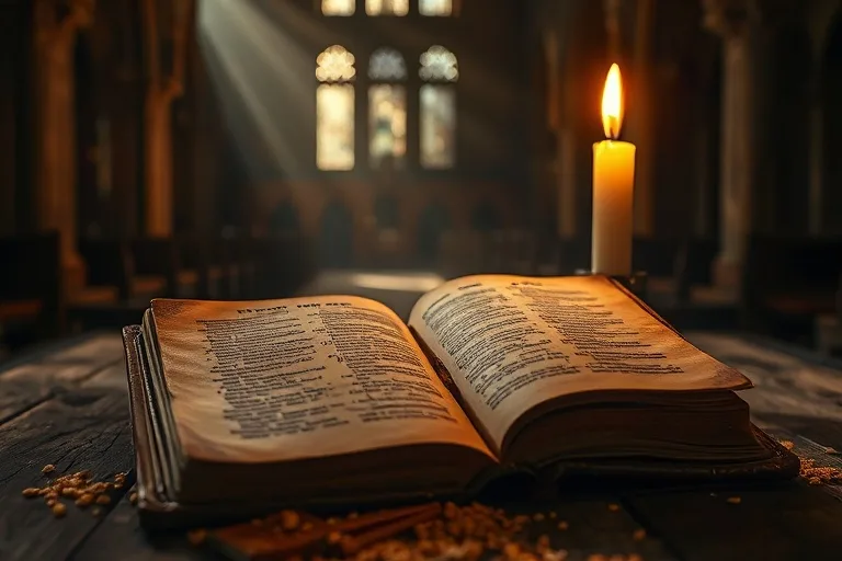 Libro de oraciones antiguo y vela parpadeante sobre una mesa rústica, con granos de incienso esparcidos. Evoca la profunda espiritualidad y los rituales sagrados de San Charbel.