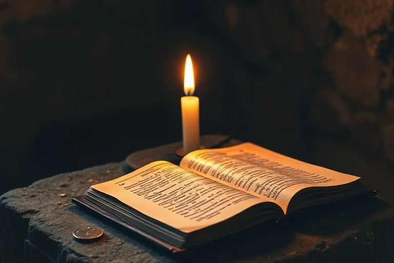 Libro de oraciones antiguo abierto sobre un altar, con una vela encendida y una moneda de bronce, evocando la urgencia de la fe.