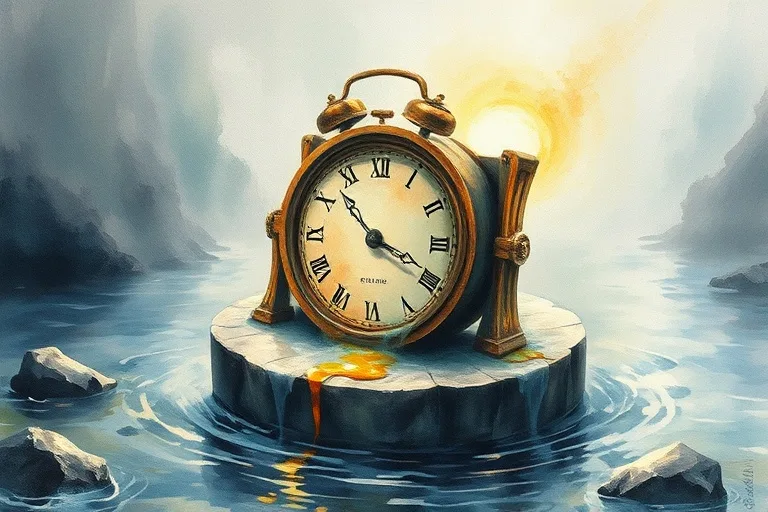 Pintura acuarela abstracta de un reloj derritiéndose en un río, con luces etéreas, simbolizando la urgencia y el paso del tiempo.
