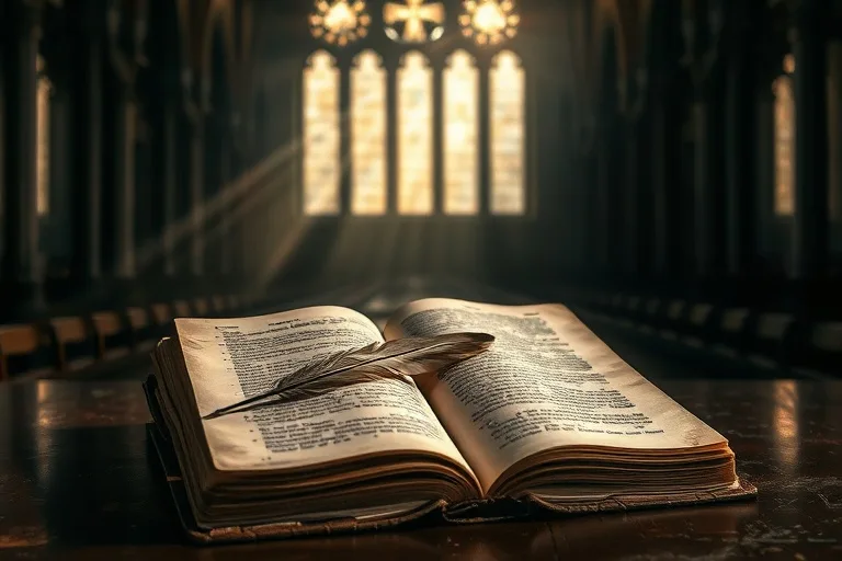 Bodegón de un libro antiguo y una pluma de ave sobre un escritorio, simbolizando la obra literaria y la dirección espiritual de San Francisco de Sales.