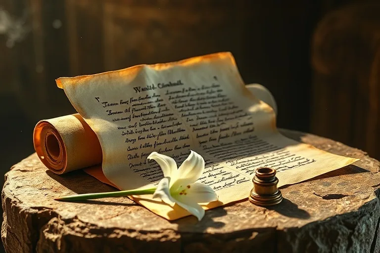 Fotografía cinematográfica de un pergamino antiguo con una pluma y un lirio sobre un altar de piedra, simbolizando la transmisión de mensajes divinos.