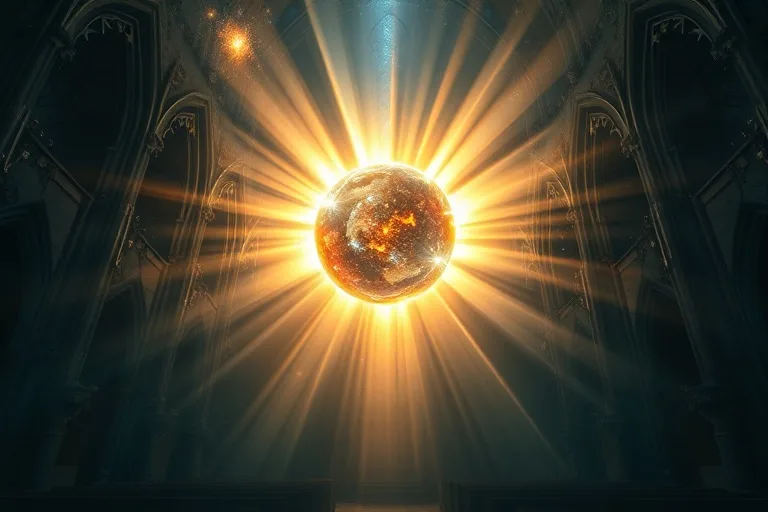 Arte conceptual abstracto con rayos de luz cósmica y una esfera brillante, simbolizando la sabiduría y la revelación divina.