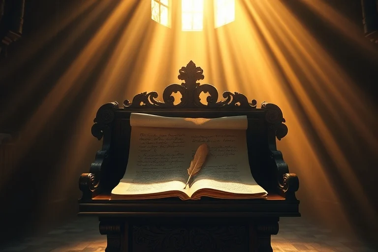 Lectern de madera antigua con un pergamino desplegado y una pluma de ave, bañado por una luz etérea que sugiere revelación divina.