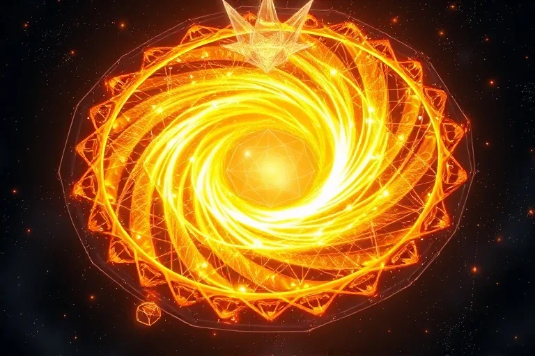 Arte conceptual de un vórtice de luz dorada y polvo cósmico, con patrones geométricos emergentes, simbolizando la energía divina y las profecías futuras.