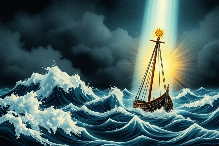 Ilustración conceptual de dos columnas luminosas, una con la Eucaristía y otra con un símbolo mariano, guiando un barco en un mar agitado