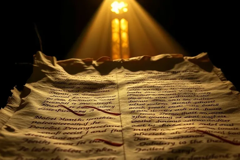 Imagen macro de un antiguo pergamino con caligrafía mística, iluminado por una tenue luz, simbolizando la sabiduría ancestral y la revelación espiritual en tiempos de oscuridad.