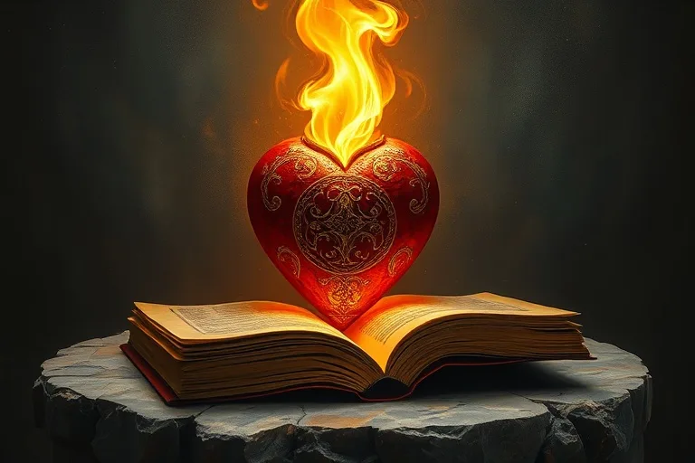 Pintura al óleo de una llama vibrante y etérea que emerge de un corazón estilizado, rodeada de un aura dorada, simbolizando la 'Llama de Amor Viva' y la pasión espiritual.