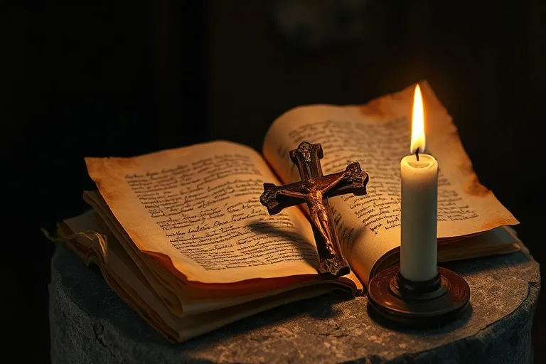 Fotografía macro de pergaminos antiguos con textos místicos y un crucifijo de madera, iluminados por la tenue luz de una vela. La escena evoca un ambiente de estudio y reflexión profunda.