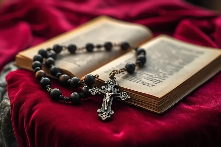 Rosario antiguo sobre terciopelo, símbolo de oración y devoción